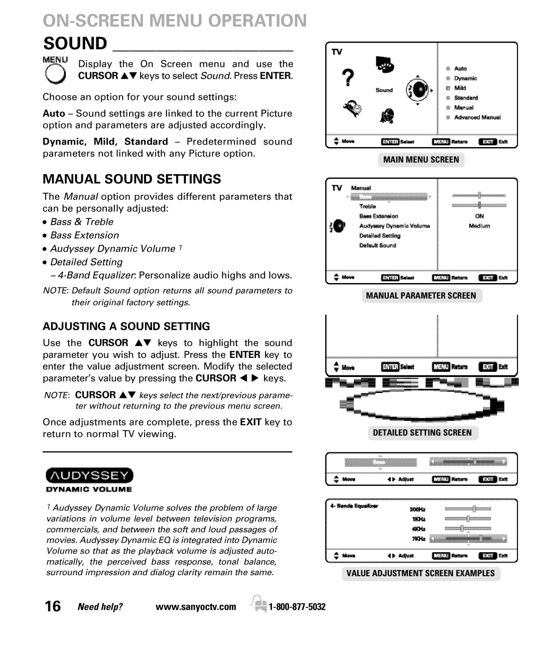 Sanyo DP47840 manual Manual Sound Settings, Adjusting a Sound Setting 