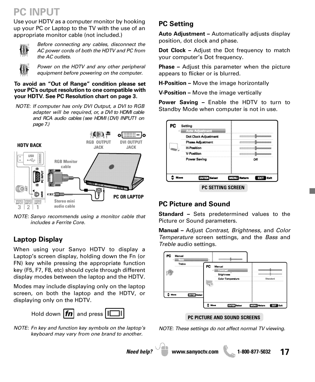 Sanyo DP47840 manual PC Input, Laptop Display 