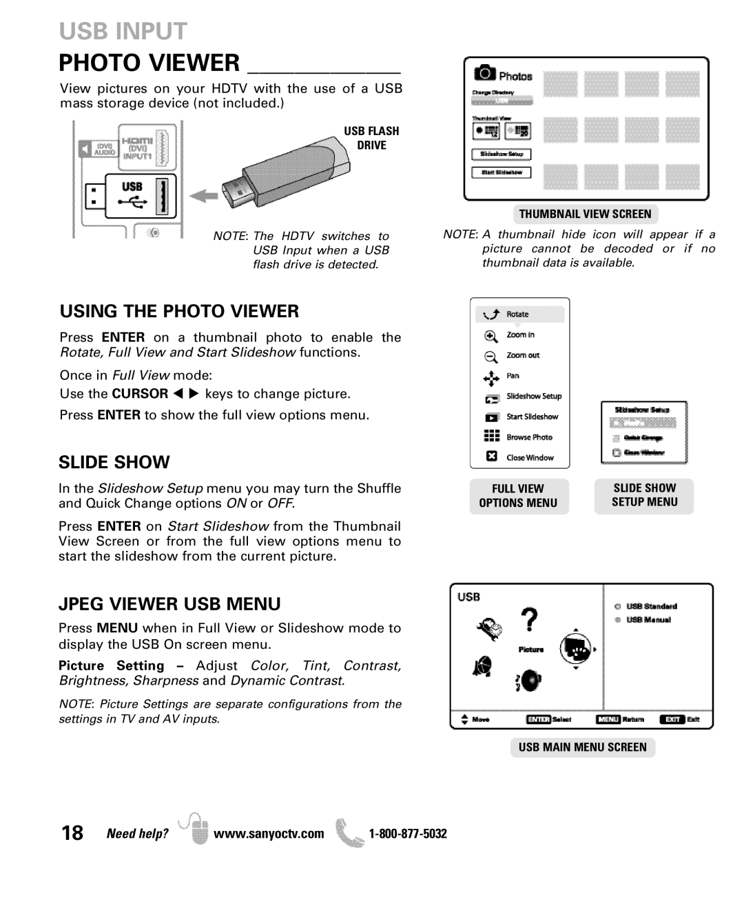 Sanyo DP47840 manual USB Input, Using the Photo Viewer, Slide Show, Jpeg Viewer USB Menu 