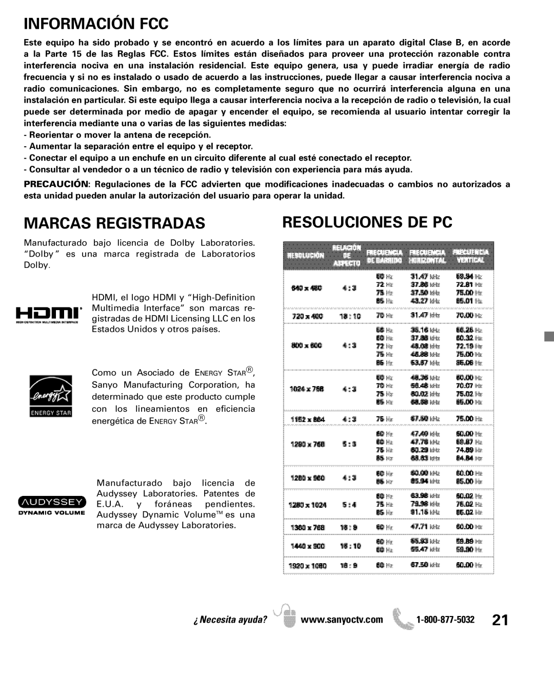 Sanyo DP47840 manual Información FCC, Marcas Registradas 