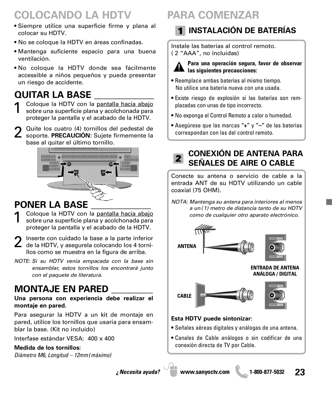 Sanyo DP47840 manual Colocando LA Hdtv, Para Comenzar, Quitar LA Base, Poner LA Base, Montaje EN Pared 