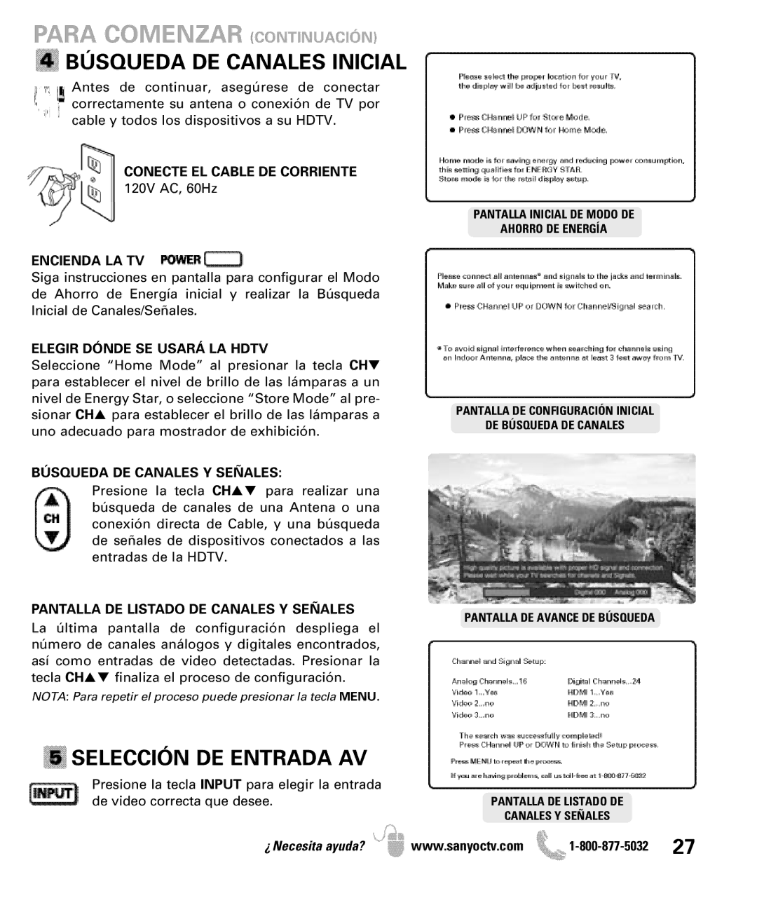 Sanyo DP47840 manual Para Comenzar Continuación, Búsqueda DE Canales Inicial, Selección DE Entrada AV 