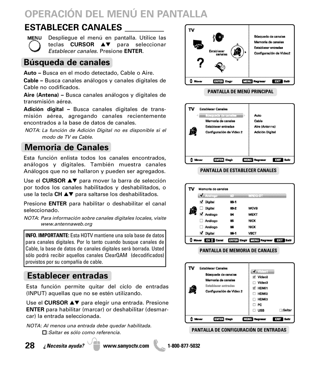 Sanyo DP47840 manual Operación DEL Menú EN Pantalla, Establecer Canales, Búsqueda de canales, Memoria de Canales 