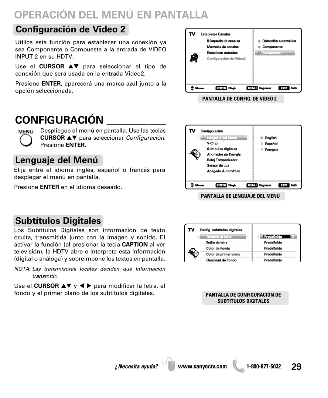 Sanyo DP47840 manual Configuración de Video, Lenguaje del Menú, Subtítulos Digitales 