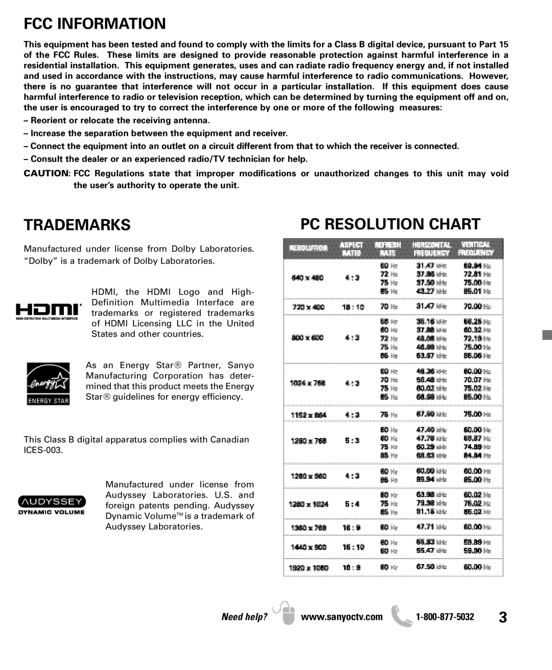 Sanyo DP47840 manual FCC Information, Trademarks 