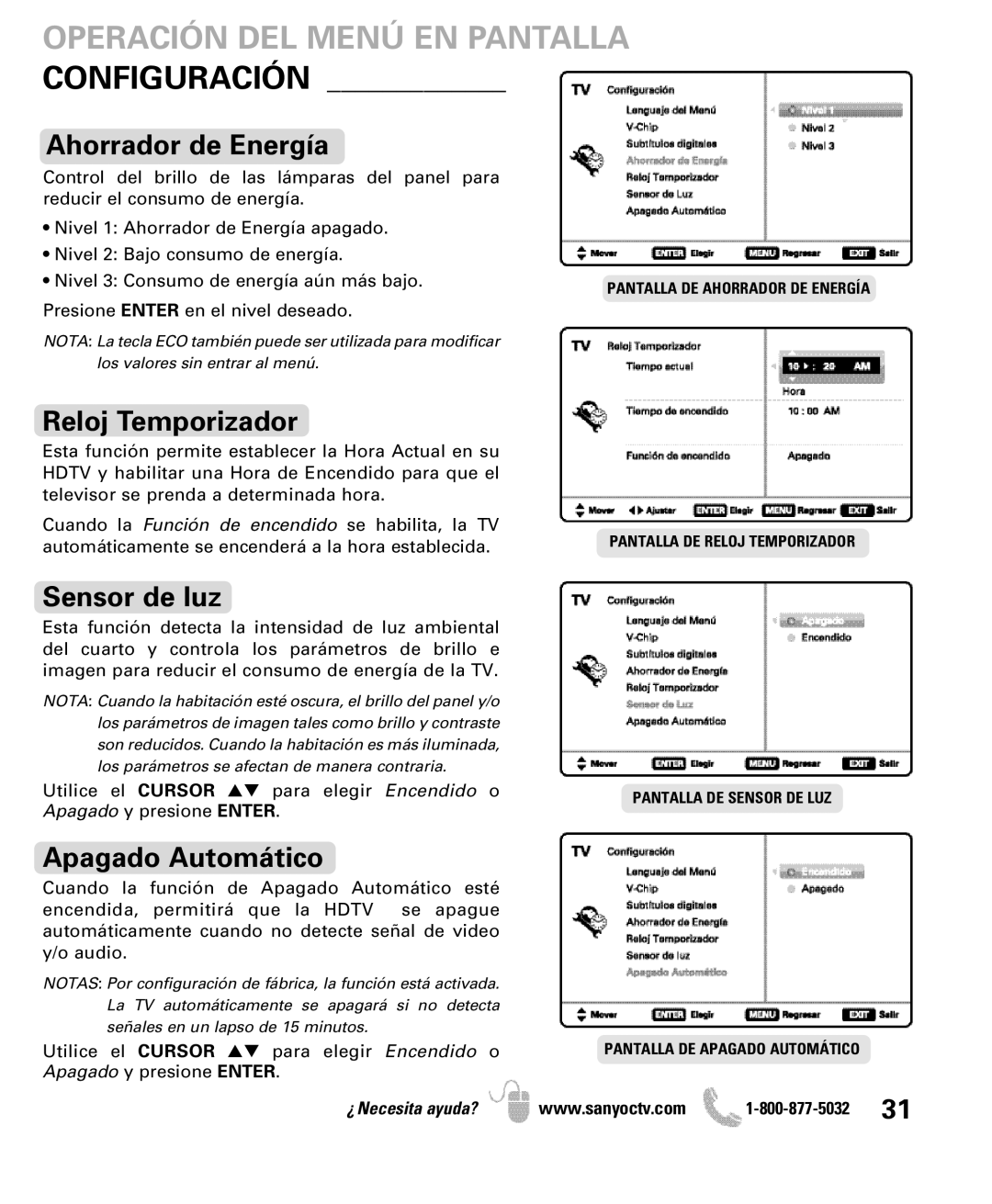 Sanyo DP47840 manual Ahorrador de Energía, Reloj Temporizador, Sensor de luz, Apagado Automático 