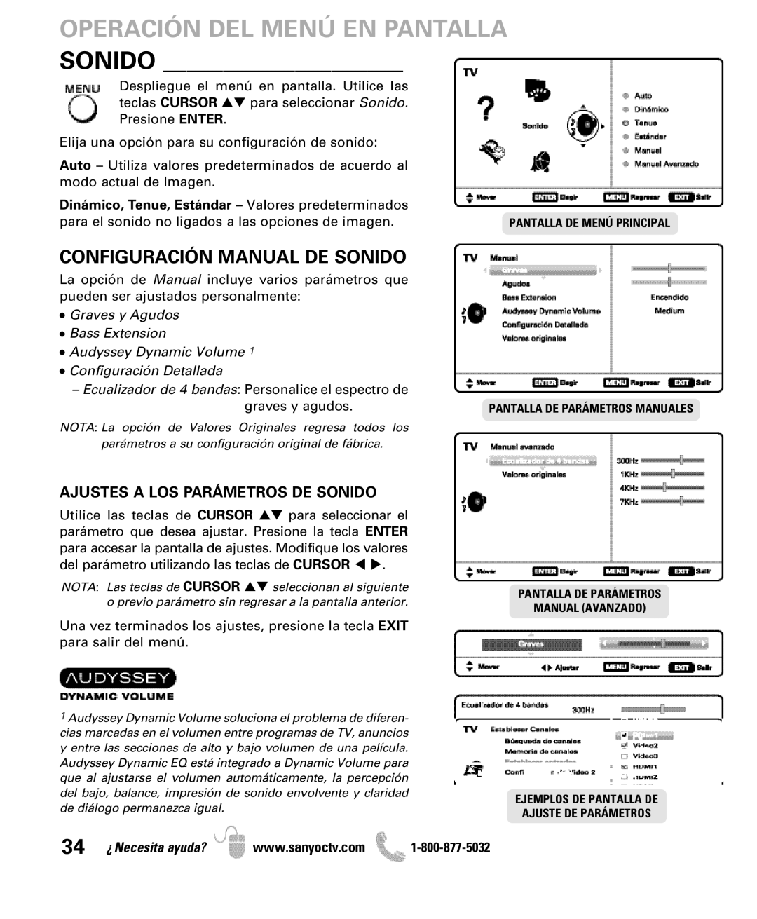 Sanyo DP47840 manual Configuración Manual DE Sonido, Ajustes a LOS Parámetros DE Sonido 