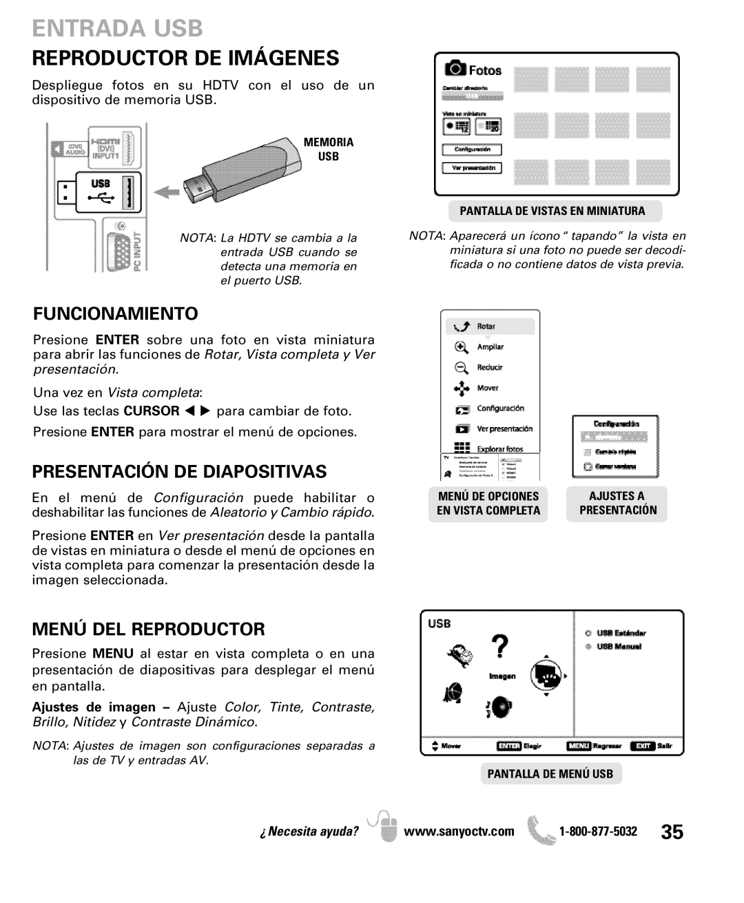 Sanyo DP47840 Entrada USB, Reproductor DE Imágenes, Funcionamiento, Presentación DE Diapositivas, Menú DEL Reproductor 