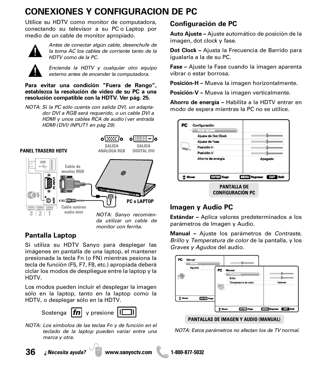 Sanyo DP47840 manual Conexiones Y Configuracion DE PC, Configuración de PC 