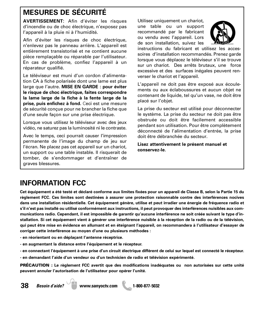 Sanyo DP47840 manual Mesures DE Sécurité, Information FCC, Lisez attentivement le présent manuel et conservez-le 