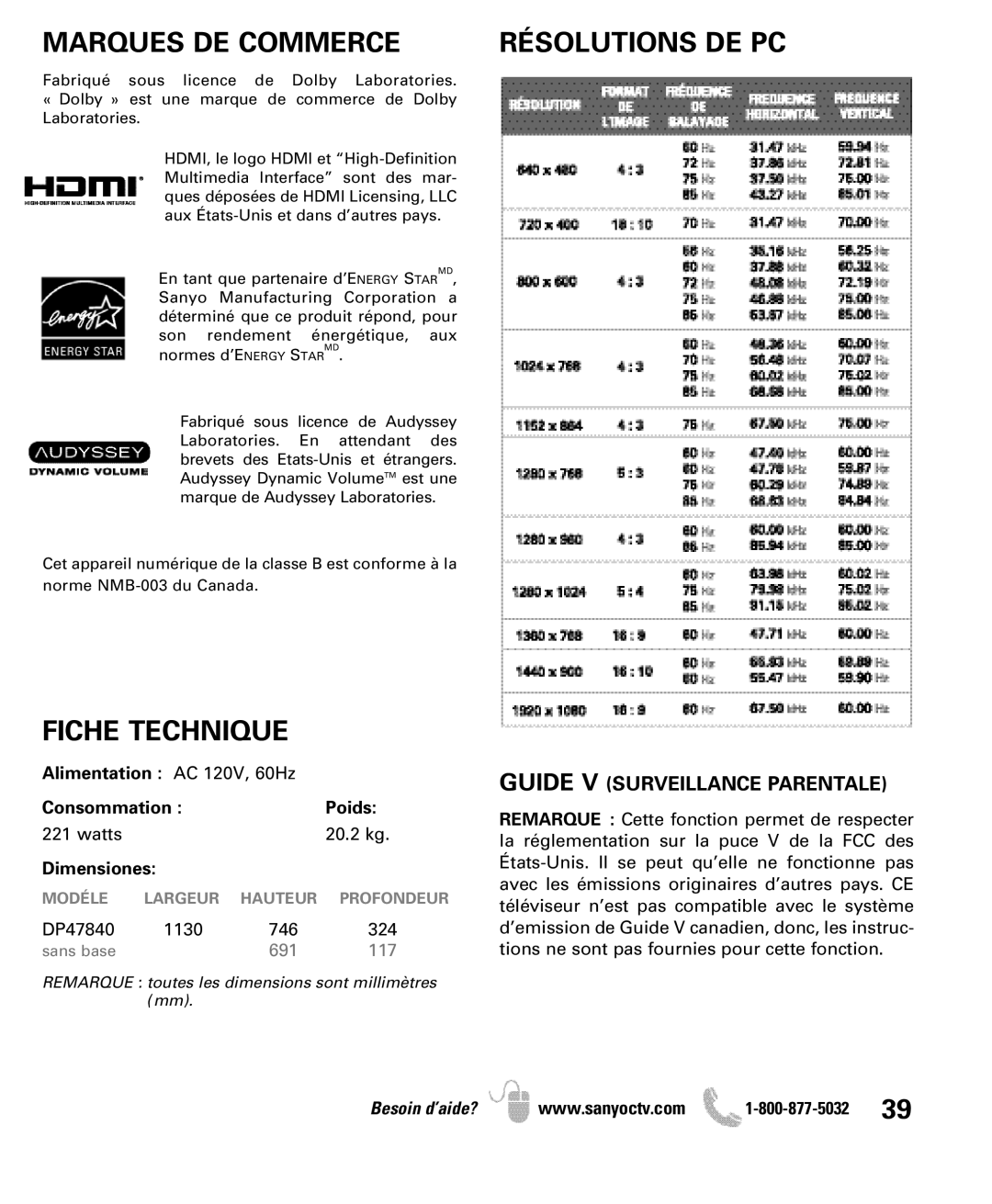 Sanyo DP47840 manual Marques DE Commerce, Fiche Technique, Guide V Surveillance Parentale 