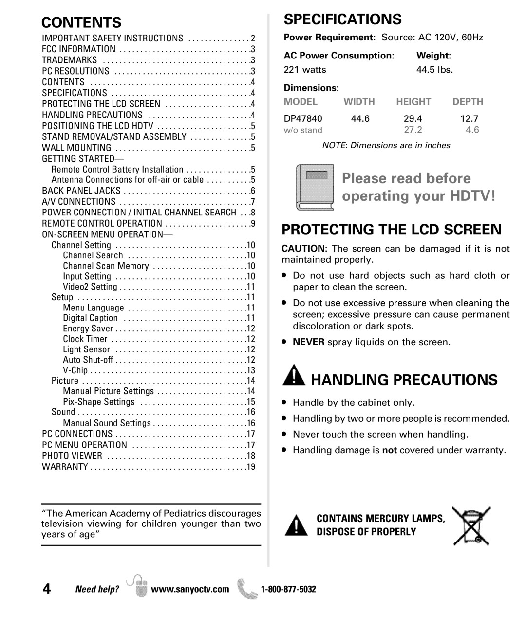 Sanyo DP47840 manual Contents, Specifications, Protecting the LCD Screen, Handling Precautions 