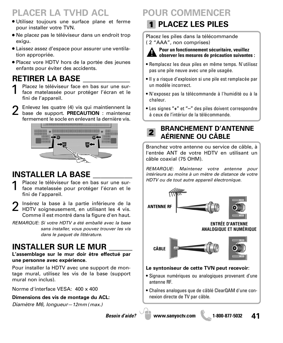 Sanyo DP47840 manual Placer LA Tvhd ACL, Pour Commencer, Retirer LA Base, Placez LES Piles, Installer SUR LE MUR 