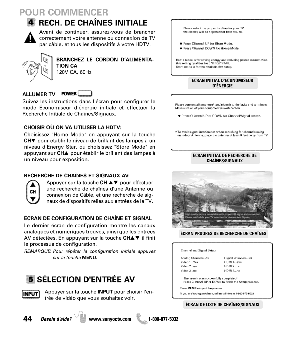 Sanyo DP47840 manual RECH. DE Chaînes Initiale, Sélection Dentrée AV 