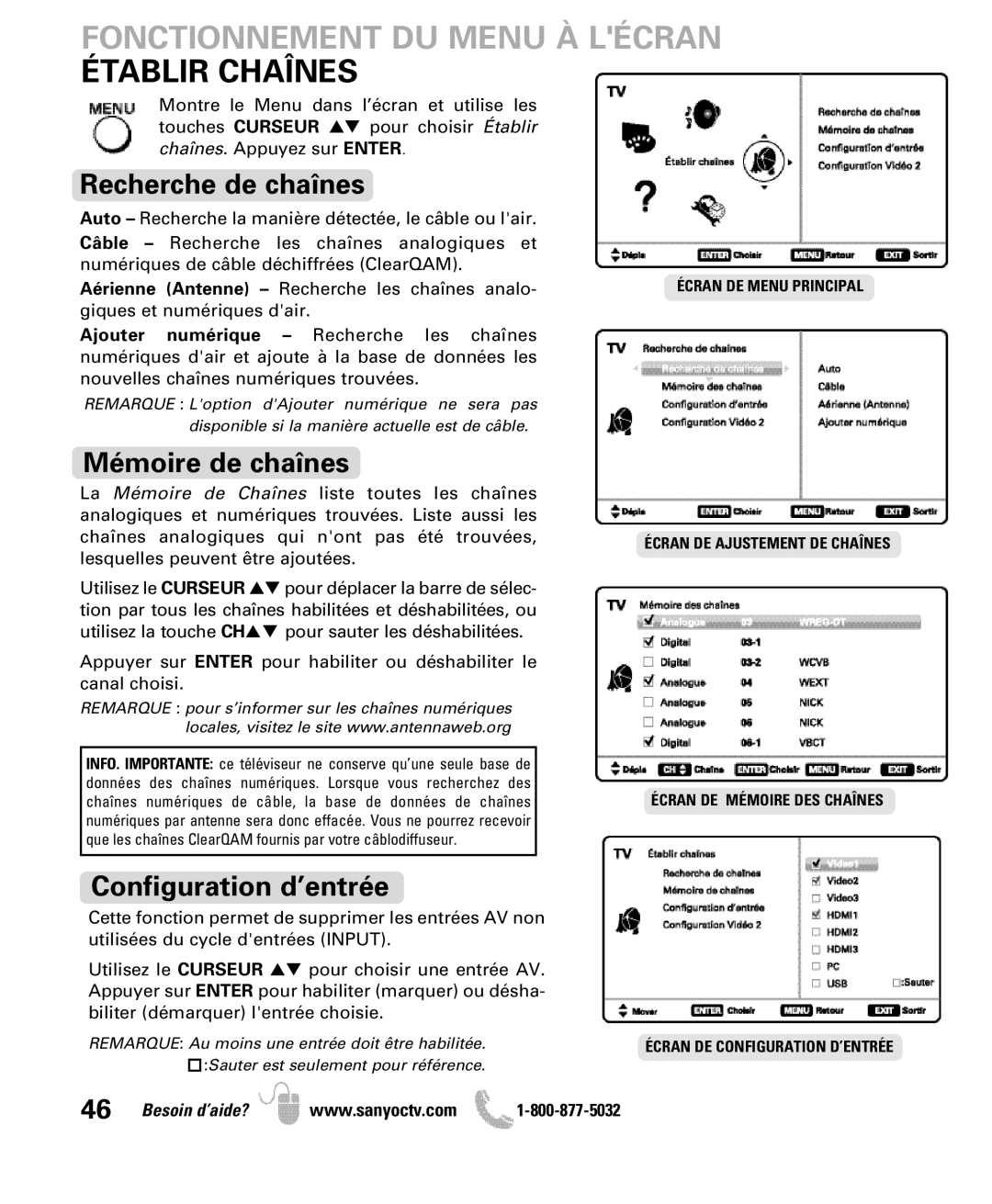 Sanyo DP47840 manual Fonctionnement DU Menu À Lécran Établir Chaînes, Recherche de chaînes, Mémoire de chaînes 