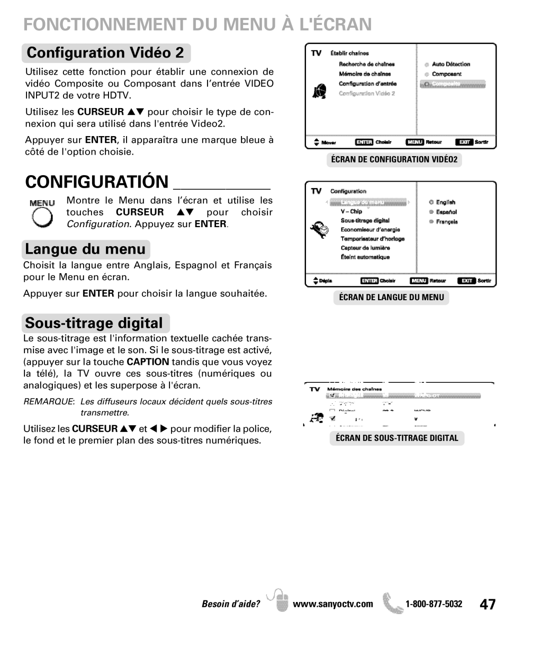 Sanyo DP47840 Fonctionnement DU Menu À Lécran, Configuratión, Configuration Vidéo, Langue du menu, Sous-titrage digital 