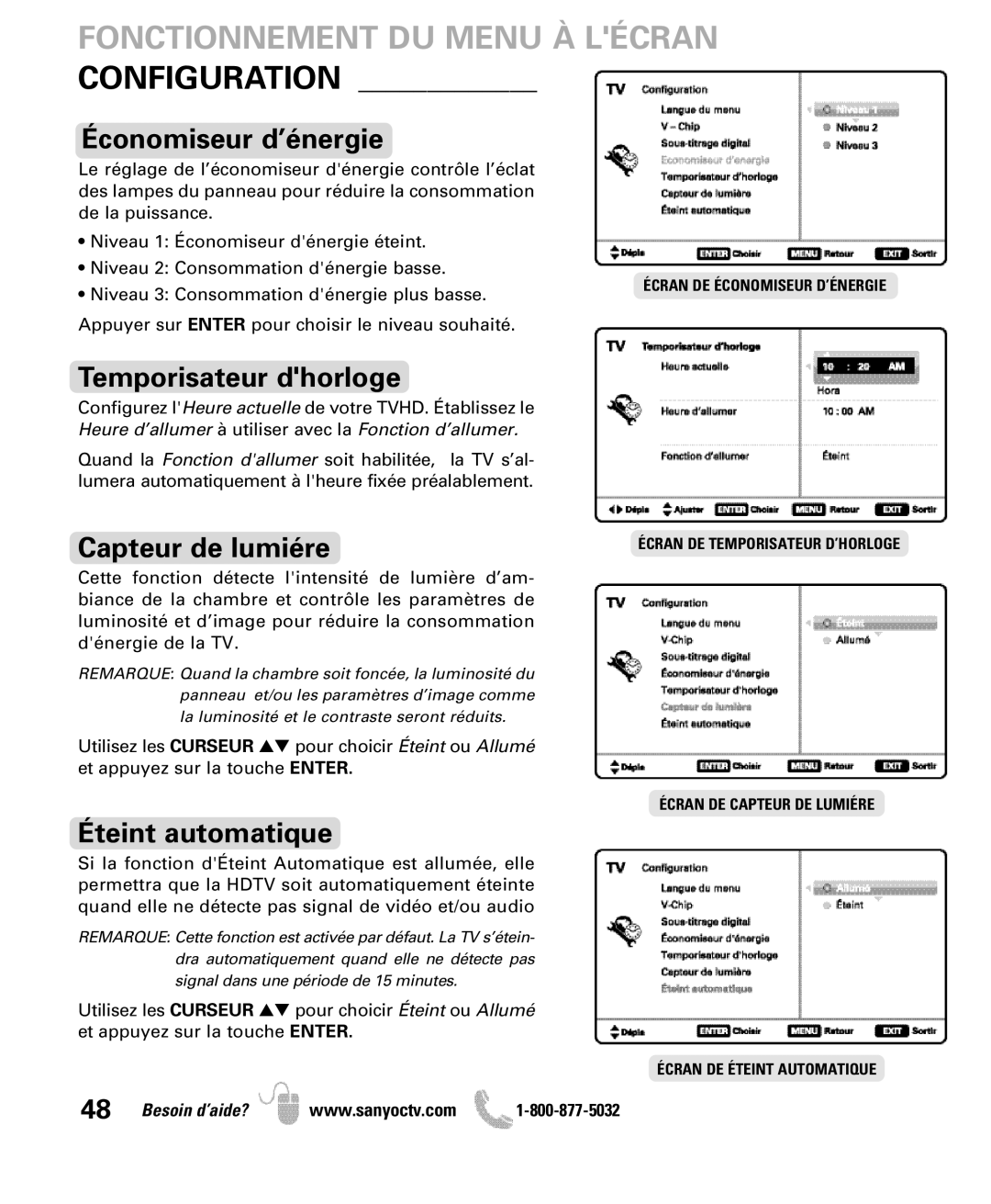 Sanyo DP47840 manual Fonctionnement DU Menu À Lécran Configuration, Économiseur d’énergie, Temporisateur dhorloge 