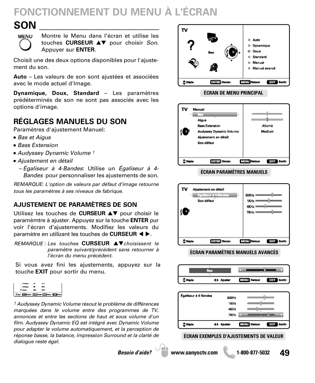 Sanyo DP47840 manual Son, Réglages Manuels DU SON, Ajustement DE Paramètres DE SON 