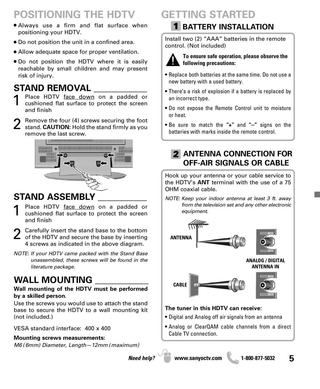 Sanyo DP47840 manual Positioning the Hdtv, Getting Started, Stand Removal, Stand Assembly, Wall Mounting 