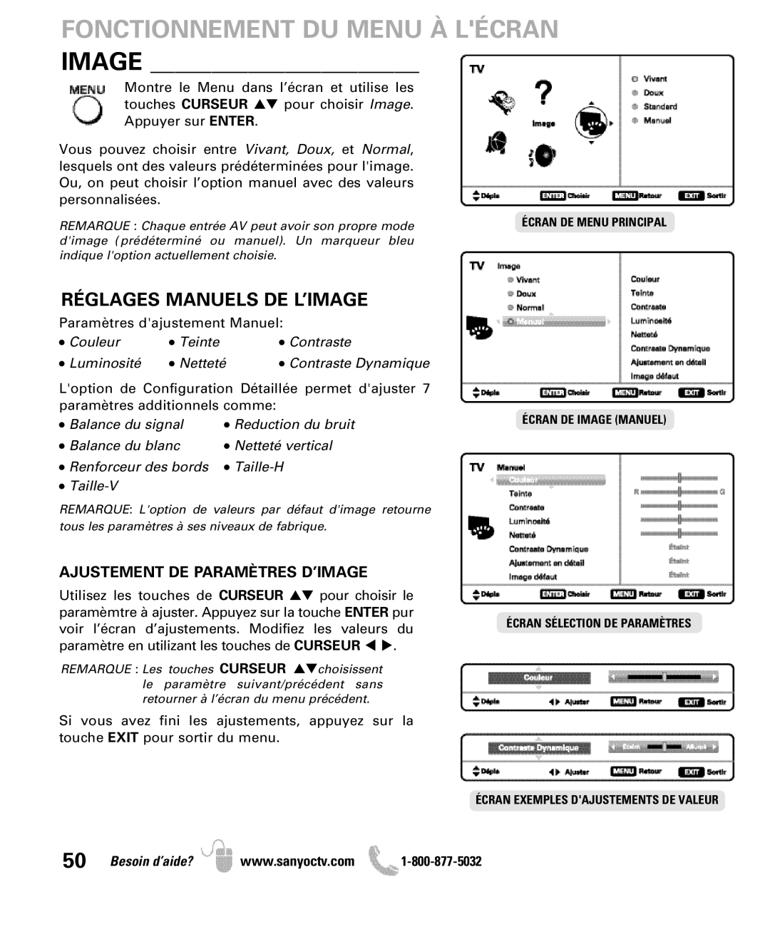 Sanyo DP47840 manual Image, Réglages Manuels DE L’IMAGE, Ajustement DE Paramètres D’IMAGE 