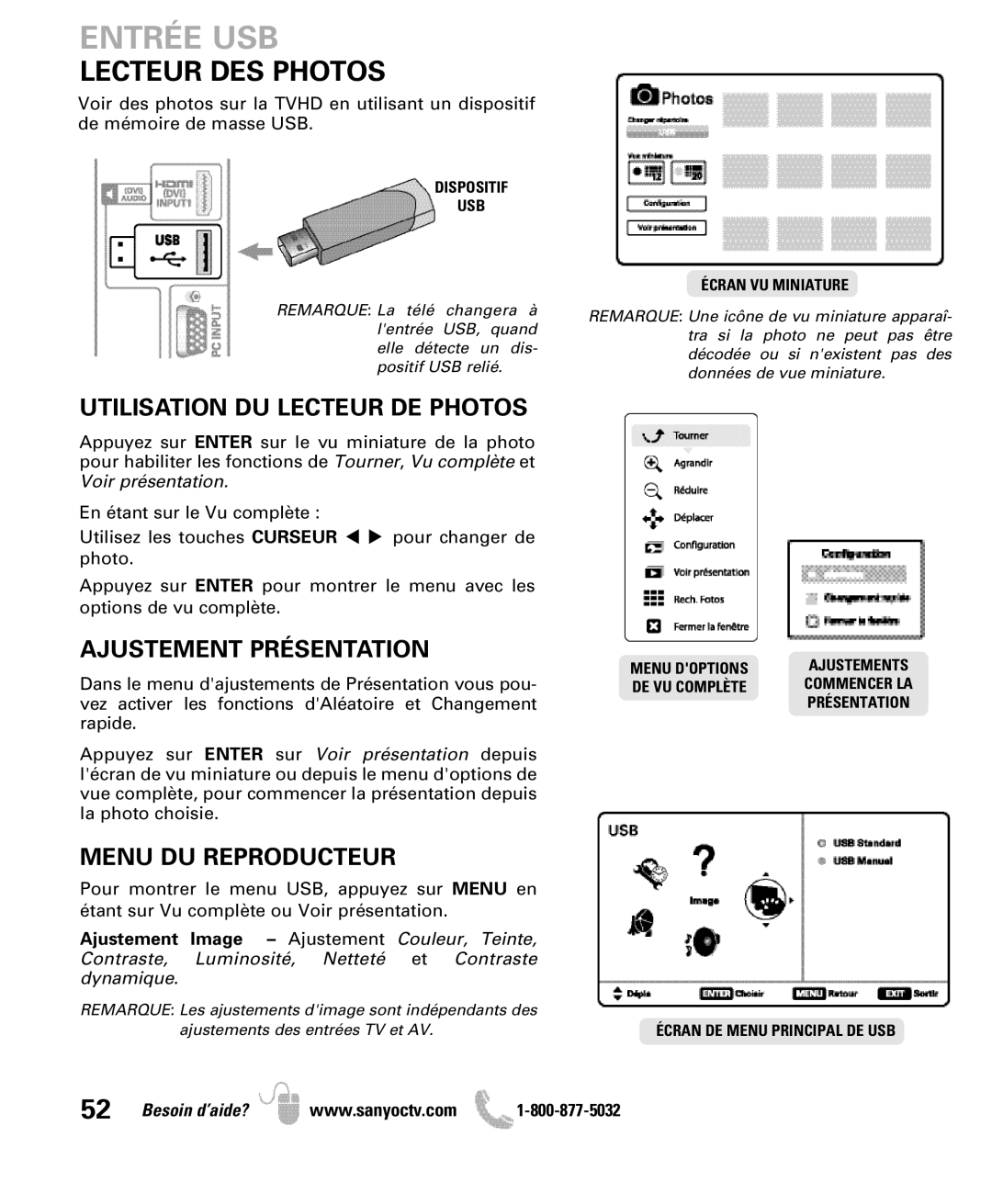 Sanyo DP47840 manual Entrée USB, Lecteur DES Photos, Utilisation DU Lecteur DE Photos, Ajustement Présentation 