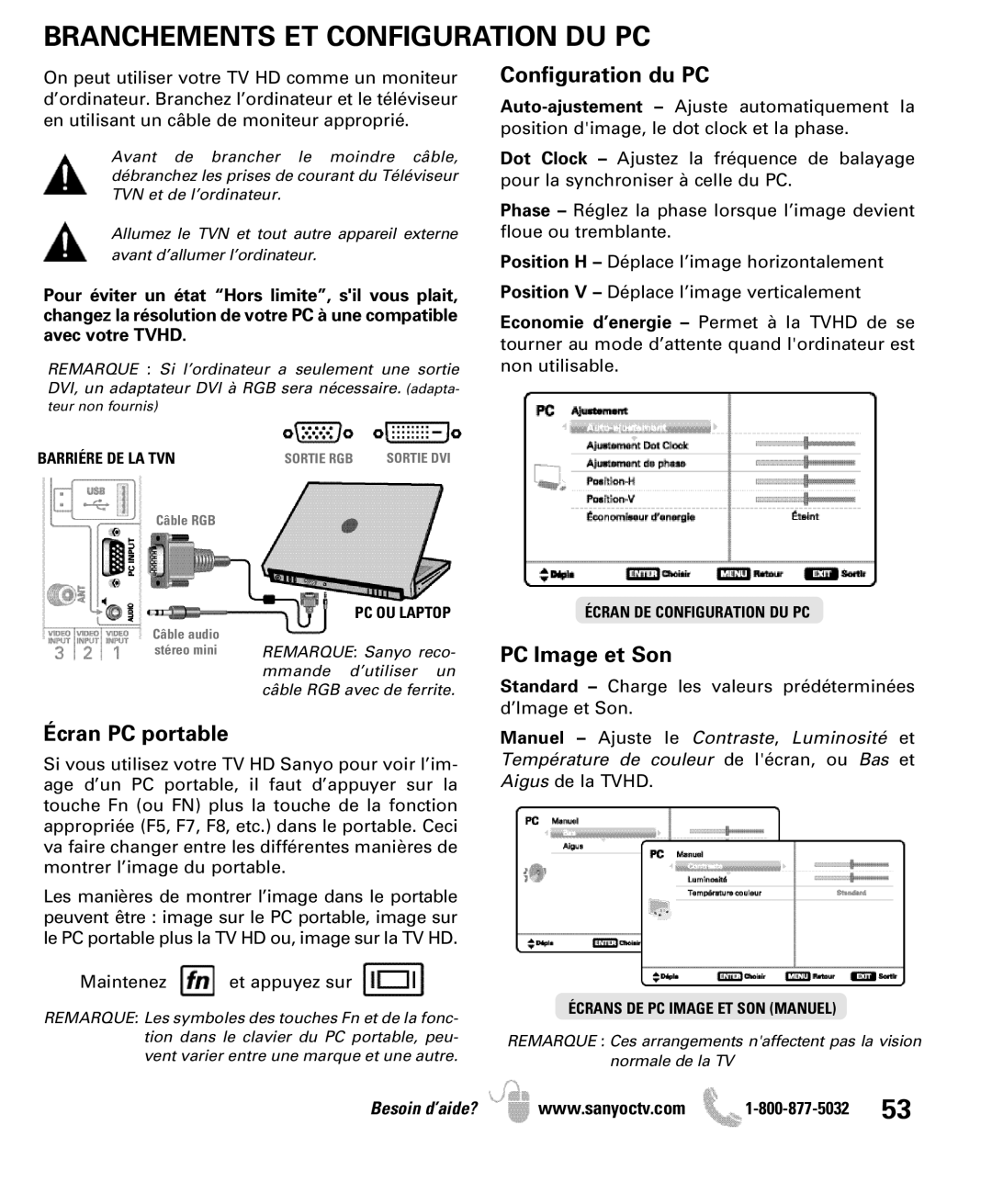 Sanyo DP47840 manual Branchements ET Configuration DU PC, Configuration du PC 