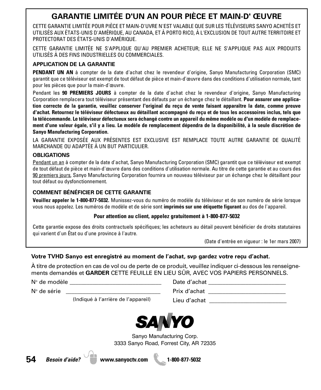 Sanyo DP47840 manual Garantie Limitée DUN AN Pour Pièce ET MAIN-D Œuvre, Pour attention au client, appelez gratuitement à 