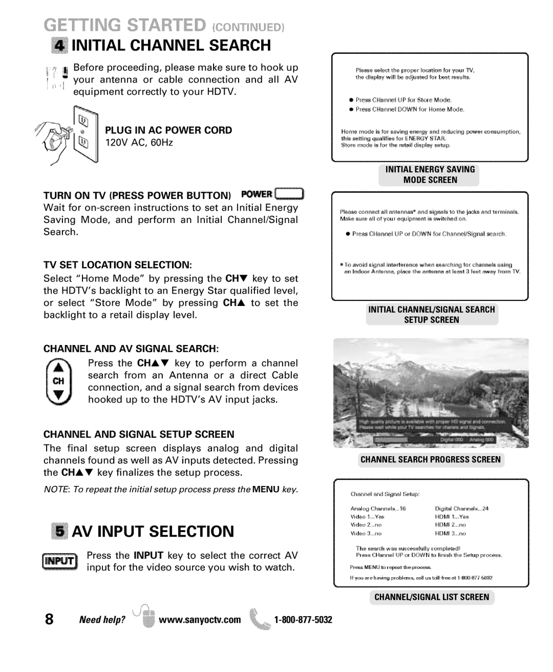 Sanyo DP47840 manual Initial Channel Search, AV Input Selection 