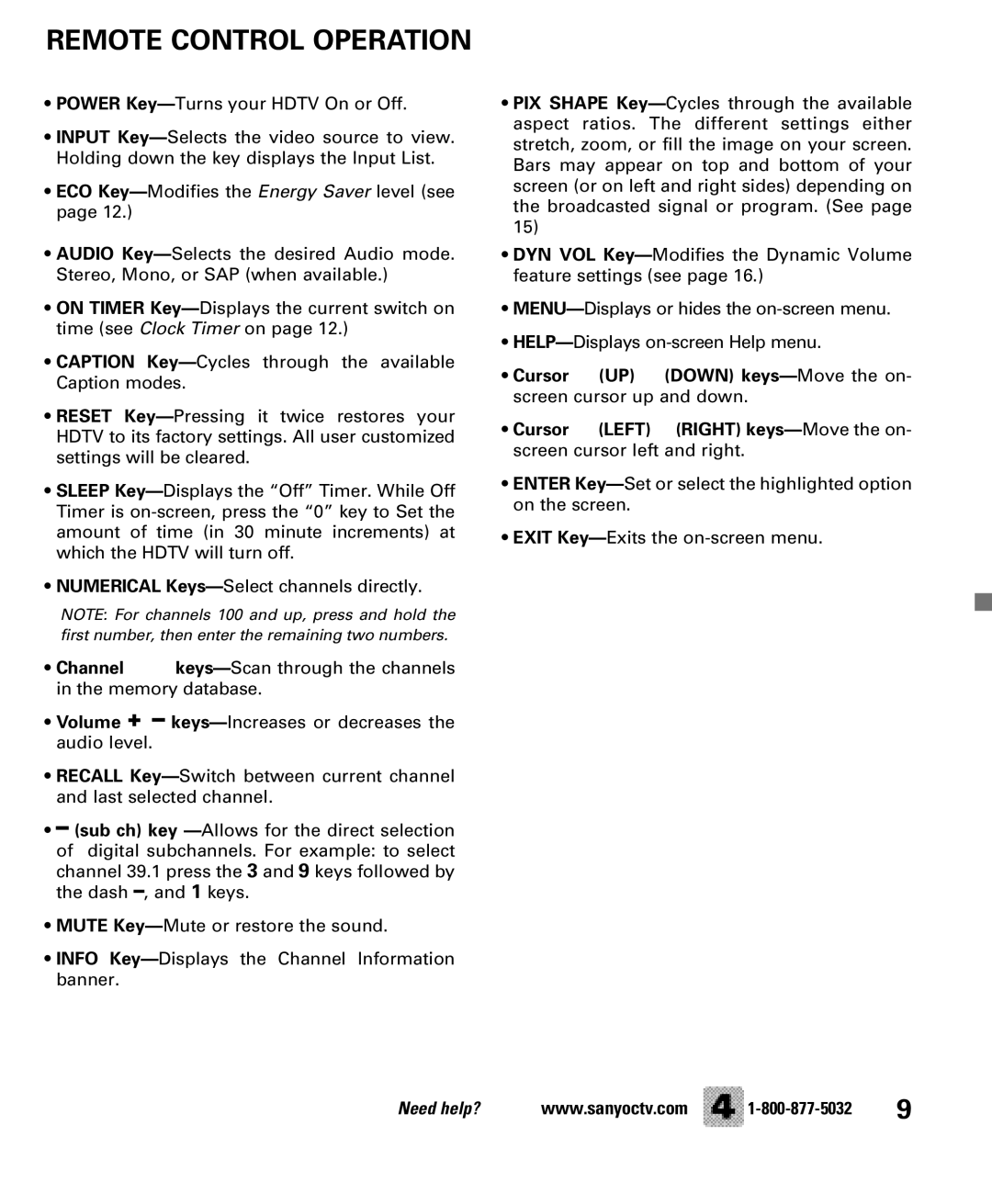 Sanyo DP47840 manual Remote Control Operation 