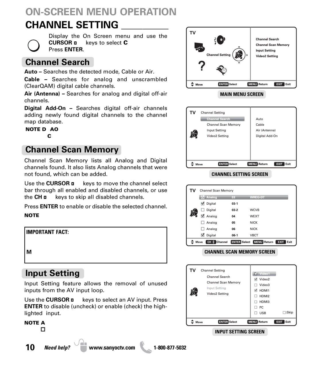 Sanyo DP50710 owner manual ON-SCREEN Menu Operation Channel Setting, Channel Search, Channel Scan Memory, Input Setting 