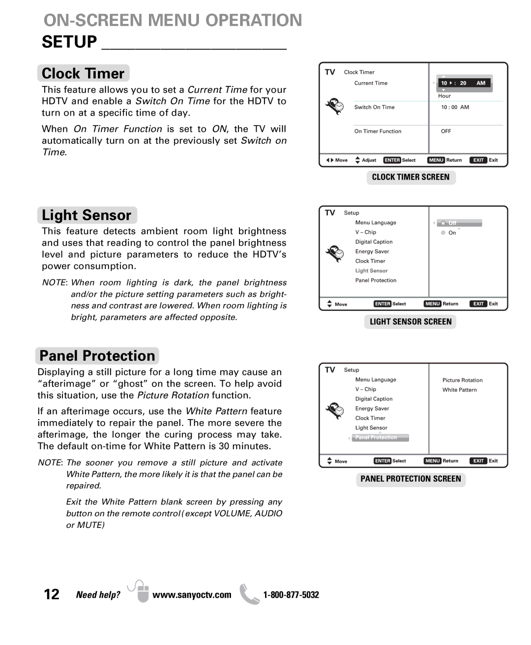 Sanyo DP50710 owner manual Clock Timer, Light Sensor, Panel Protection 