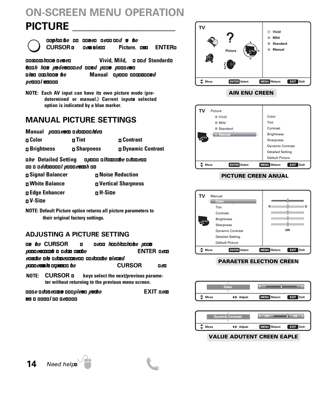 Sanyo DP50710 owner manual ON-SCREEN Menu Operation Picture, Manual Picture Settings 