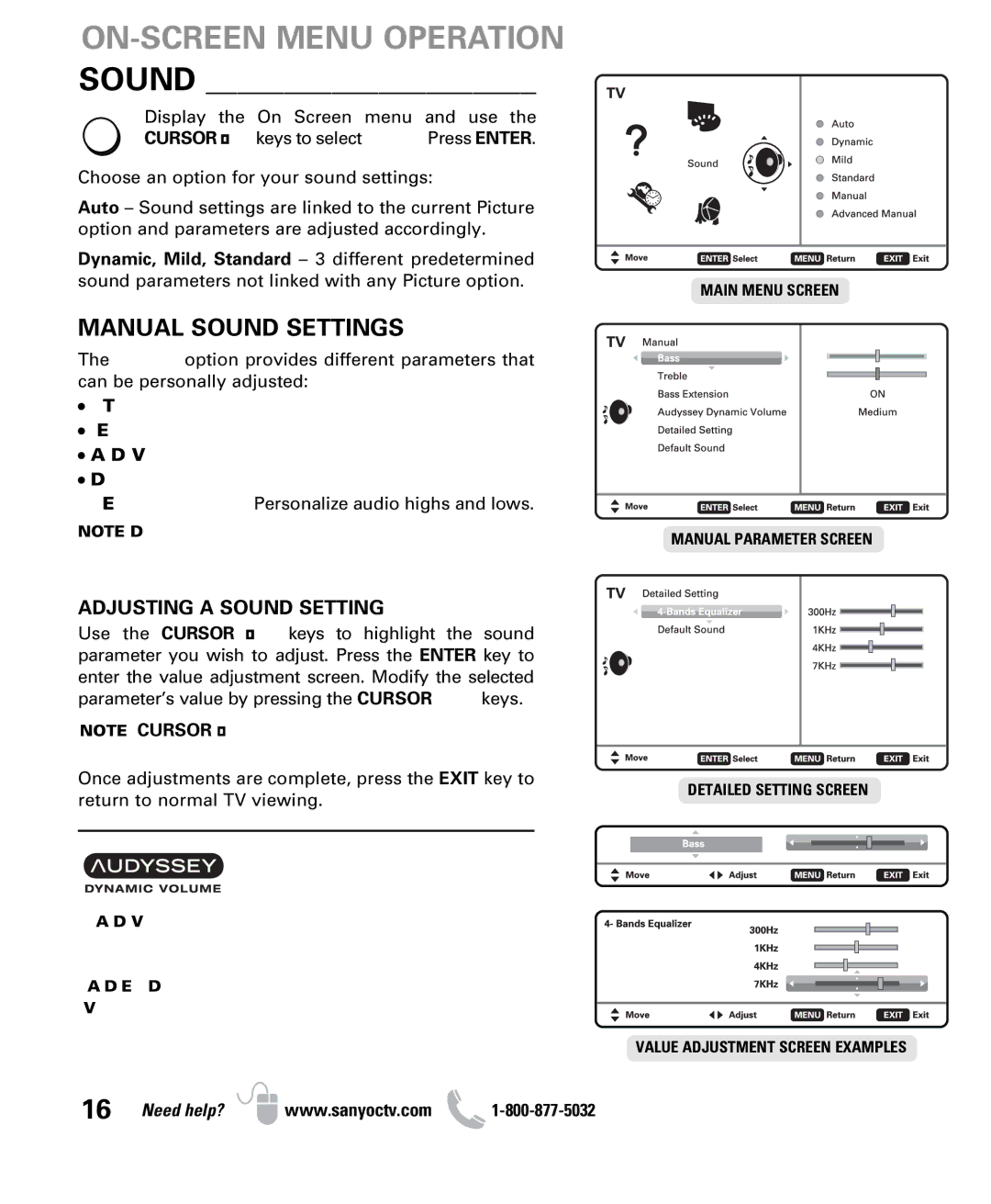 Sanyo DP50710 owner manual ON-SCREEN Menu Operation Sound, Manual Sound Settings 