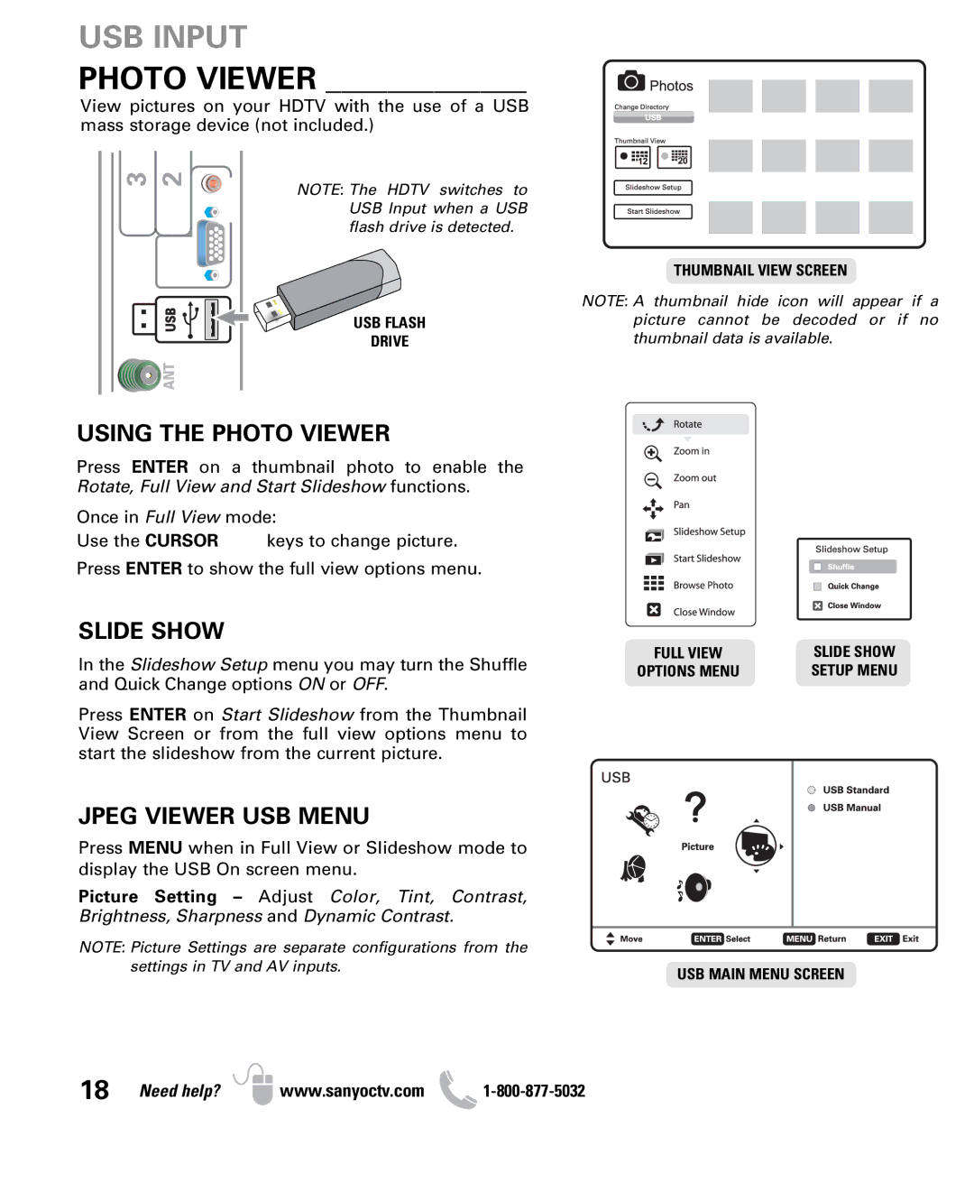 Sanyo DP50710 owner manual USB Input, Using the Photo Viewer, Slide Show, Jpeg Viewer USB Menu 