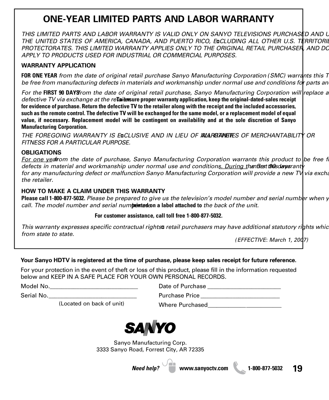 Sanyo DP50710 owner manual ONE-YEAR Limited Parts and Labor Warranty, Warranty Application 