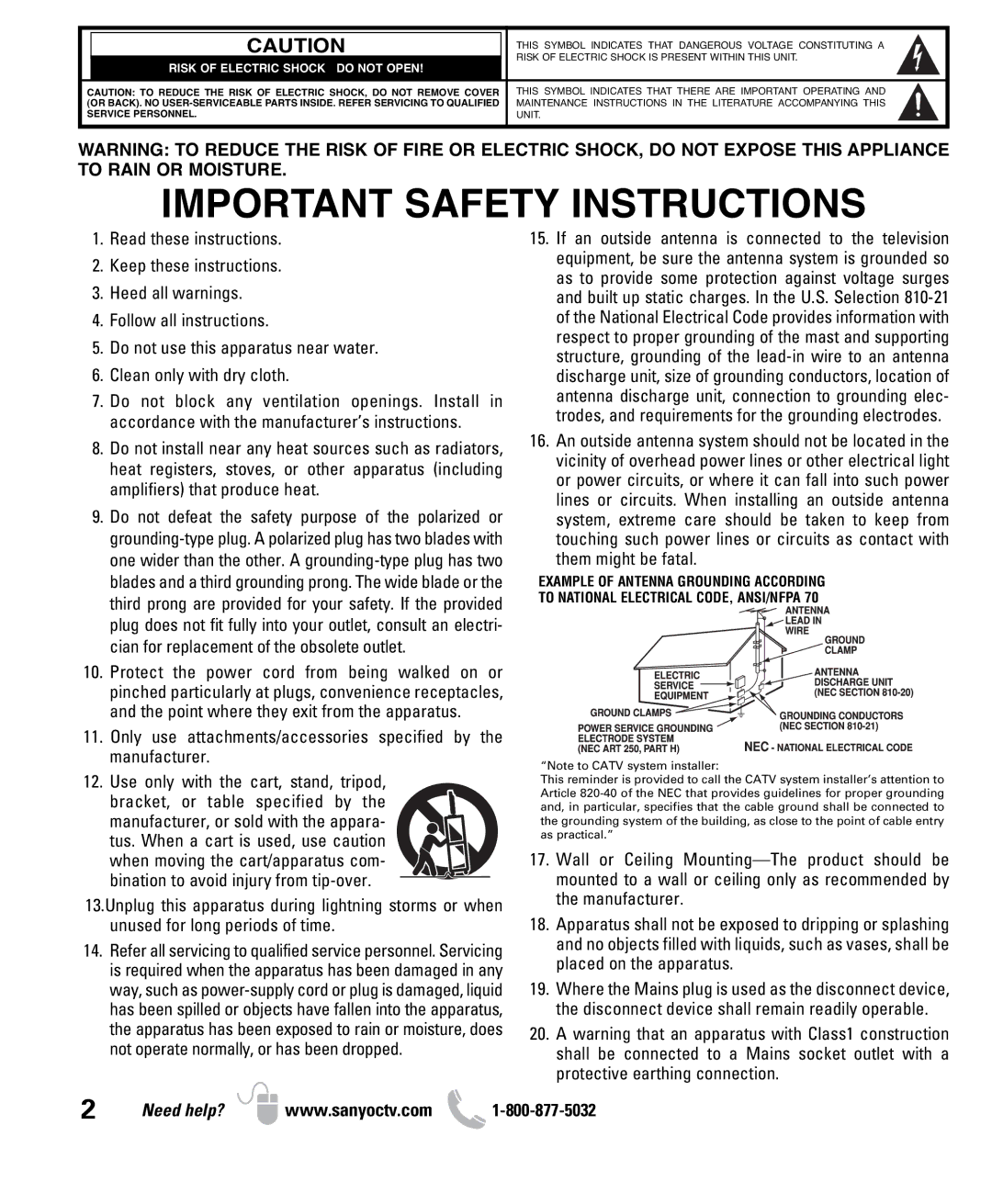 Sanyo DP50710 owner manual Important Safety Instructions 