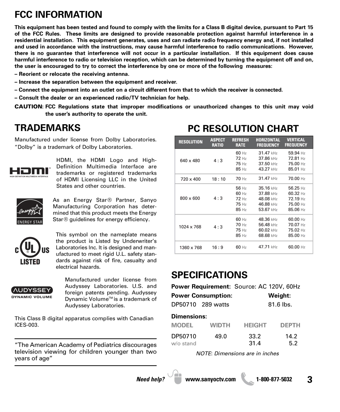 Sanyo DP50710 owner manual FCC Information, Trademarks, PC Resolution Chart, Specifications 