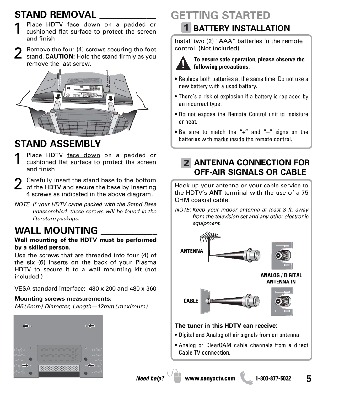 Sanyo DP50710 owner manual Getting Started, Stand Removal, Stand Assembly, Wall Mounting 