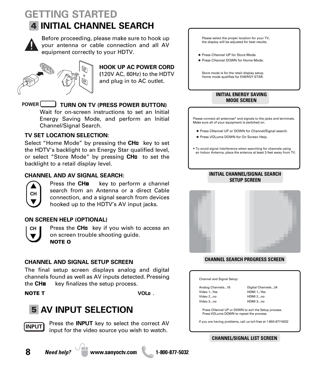 Sanyo DP50710 owner manual Initial Channel Search, AV Input Selection 