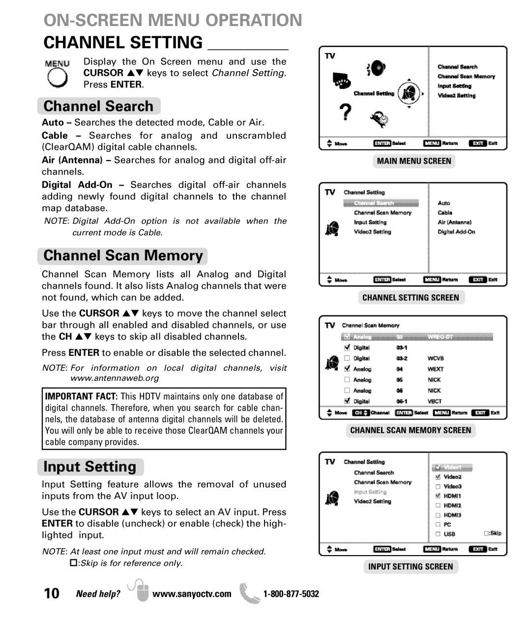 Sanyo DP50710 manual ON-SCREEN Menu Operation Channel Setting, Channel Search, Channel Scan Memory, Input Setting 