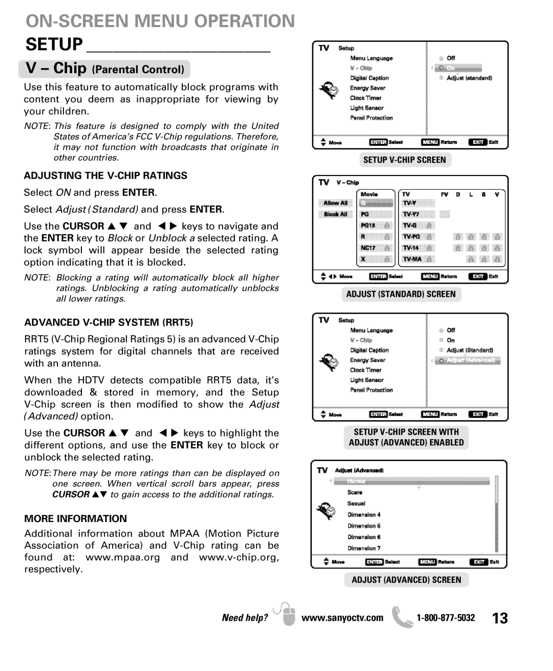 Sanyo DP50710 manual Adjusting the V-CHIP Ratings, Advanced V-CHIP System RRT5, More Information 