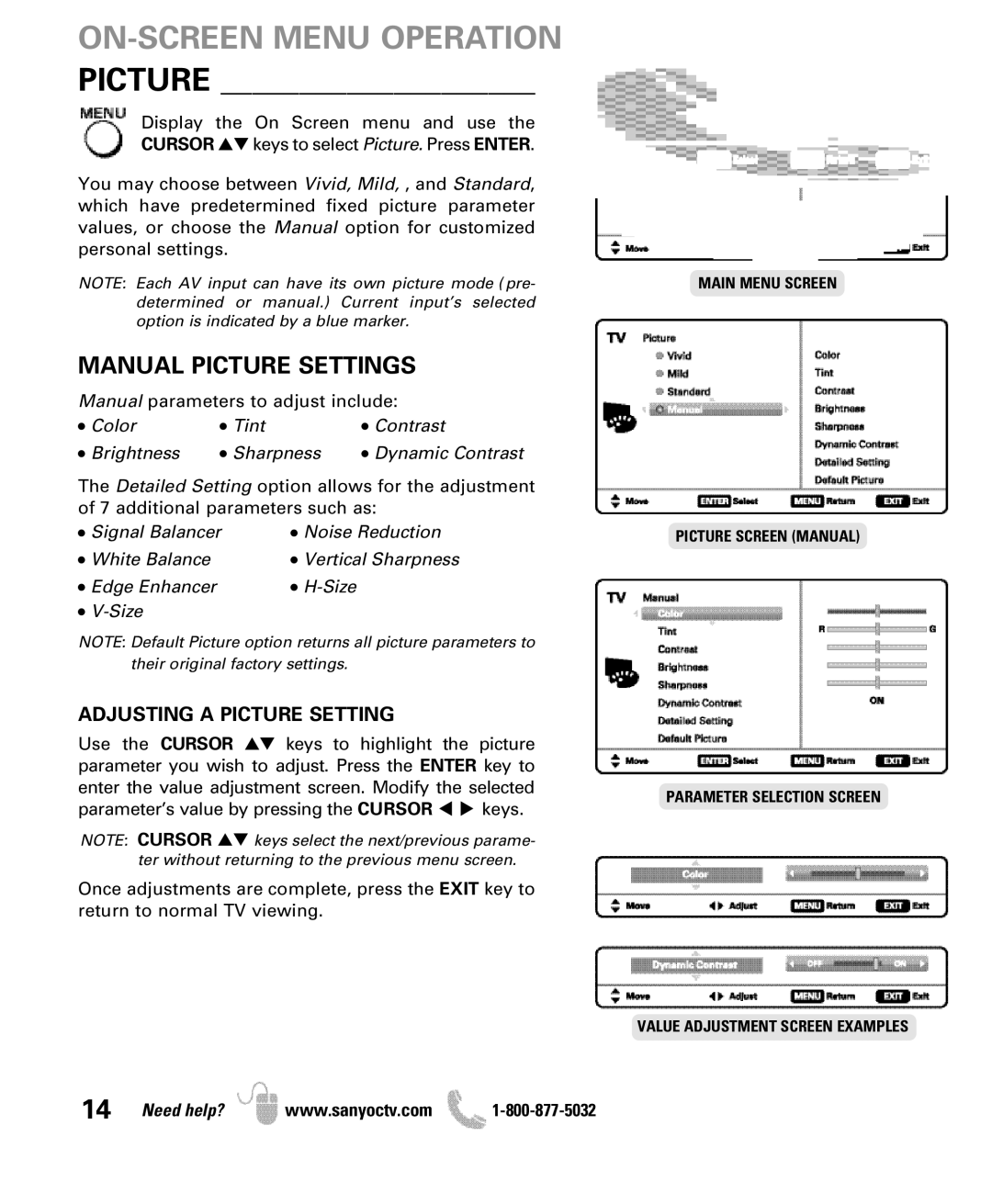 Sanyo DP50710 manual Manual Picture Settings, Adjusting a Picture Setting 