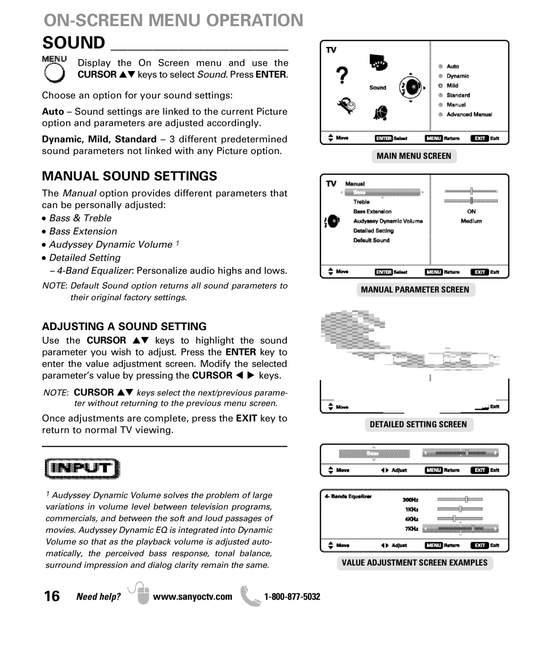 Sanyo DP50710 manual Manual Sound Settings, Adjusting a Sound Setting 