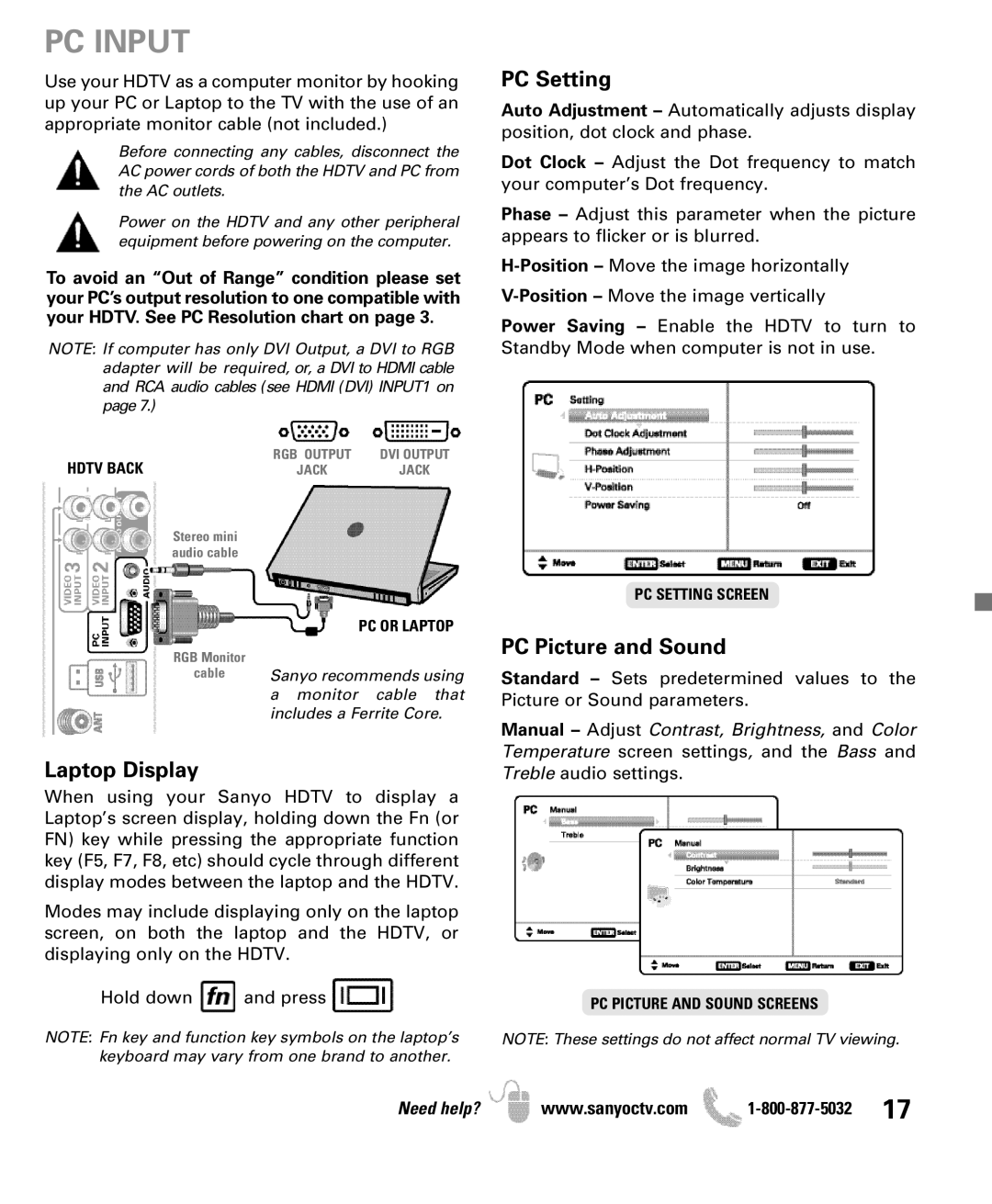 Sanyo DP50710 manual PC Input, Hdtv Back 