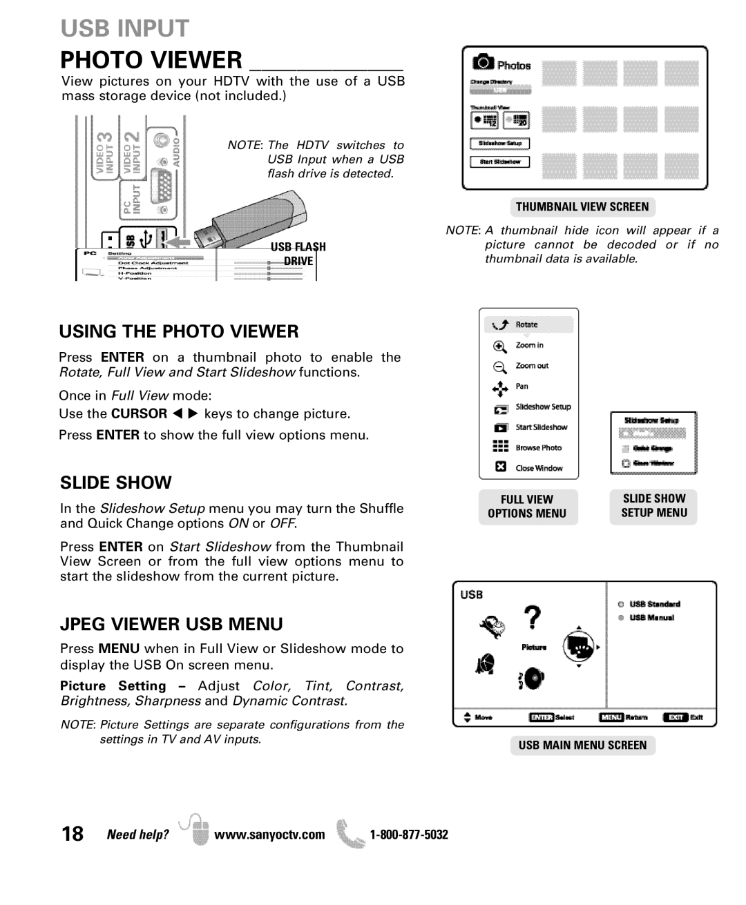 Sanyo DP50710 manual USB Input, Using the Photo Viewer, Slide Show, Jpeg Viewer USB Menu 