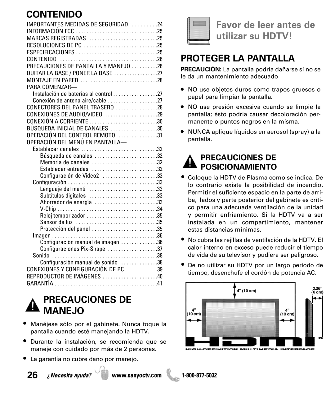 Sanyo DP50710 manual Contenido, Proteger LA Pantalla, Precauciones DE Manejo, Precauciones DE Posicionamiento 