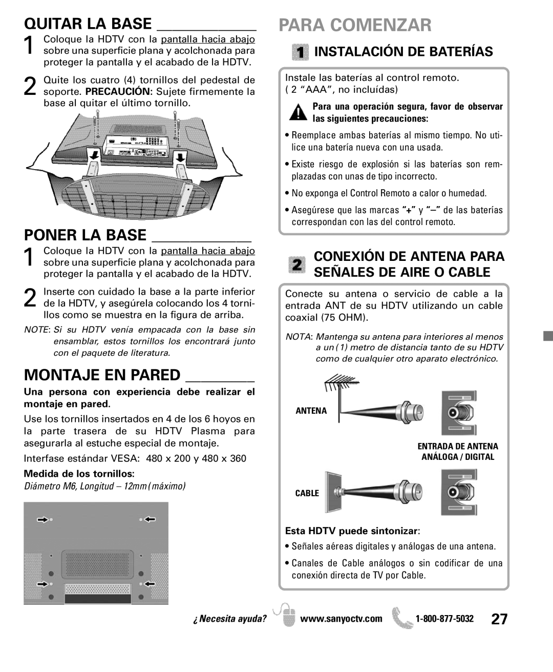 Sanyo DP50710 Para Comenzar, Montaje EN Pared, Instalación DE Baterías, Conexión DE Antena Para Señales DE Aire O Cable 