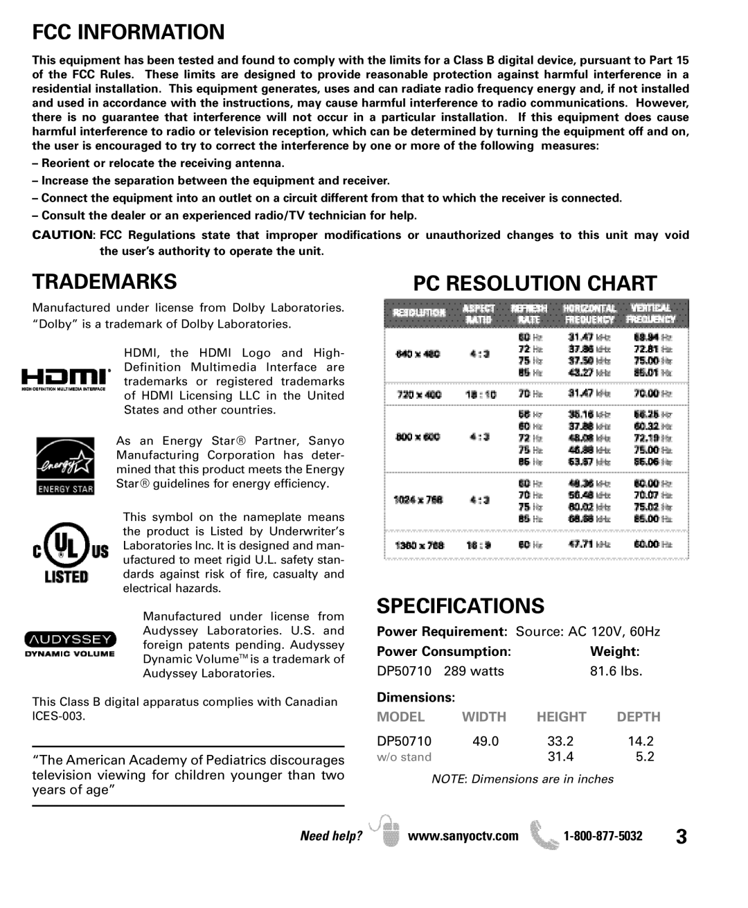 Sanyo DP50710 manual FCC Information, Trademarks, PC Resolution Chart Specifications, Power Consumption Weight, Dimensions 