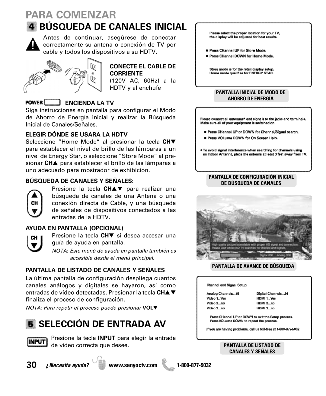 Sanyo DP50710 manual Búsqueda DE Canales Inicial, Selección DE Entrada AV 