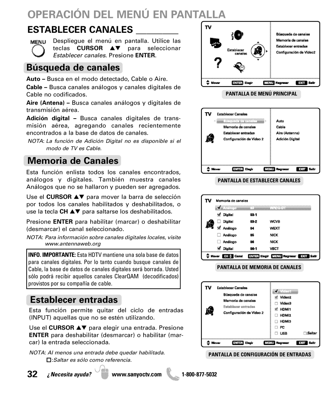 Sanyo DP50710 manual Operación DEL Menú EN Pantalla, Establecer Canales, Búsqueda de canales, Memoria de Canales 